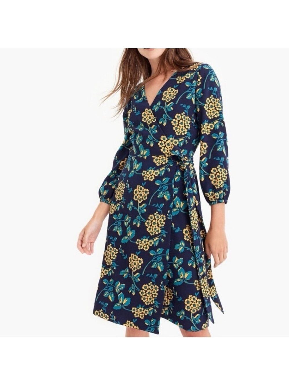 J. Crew 365 Crepe Golden Floral Navy Wrap Dress size 4
